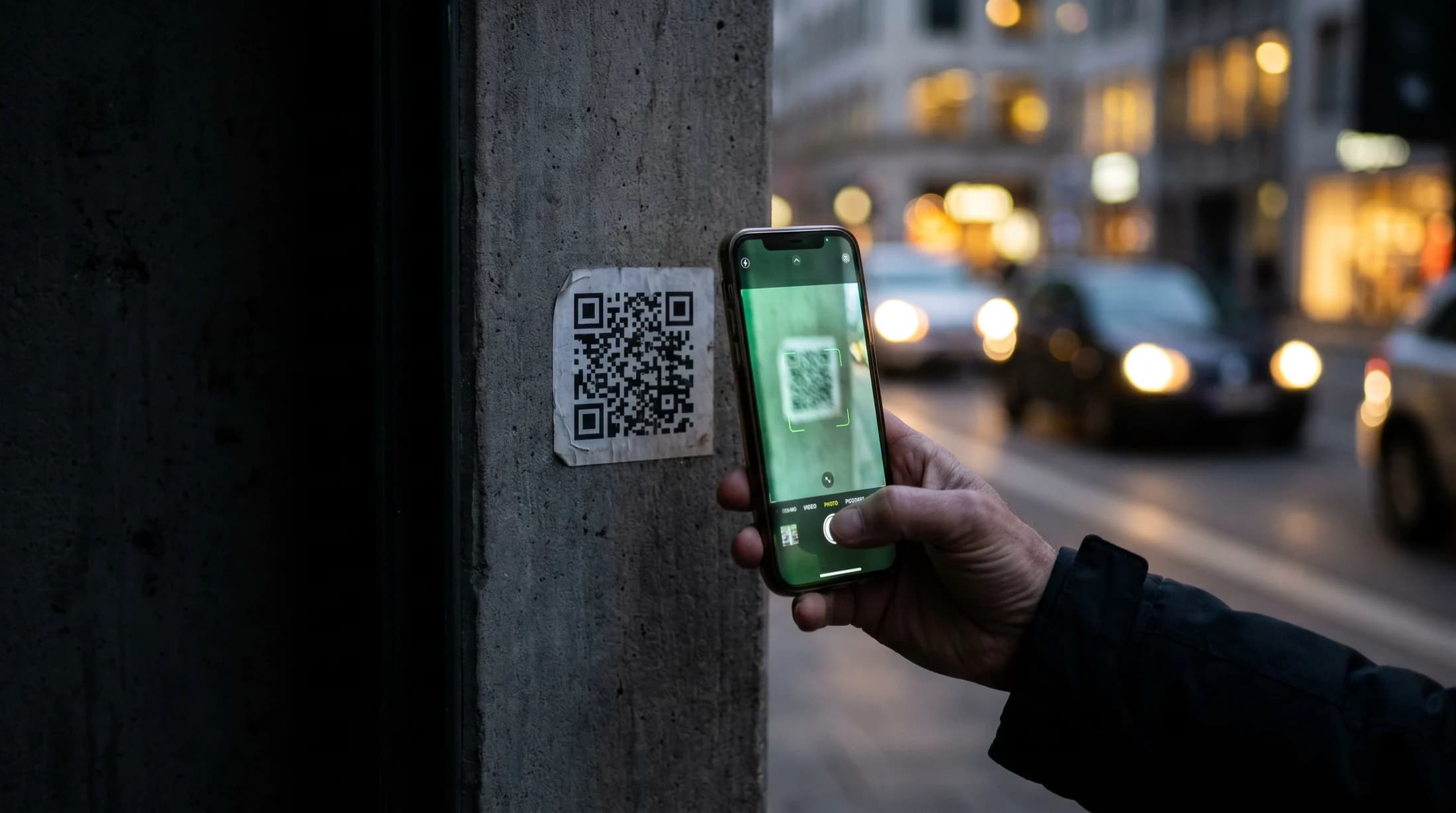 A person scanning an NQR QR code on a poster with their phone in a city at dusk
