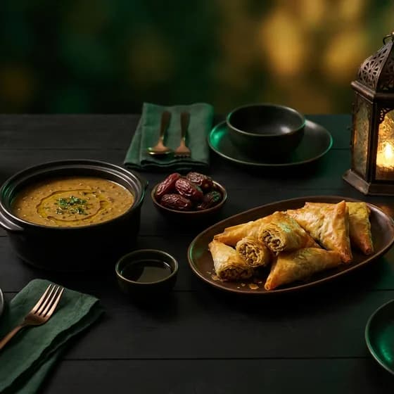 Ramadan iftar spread with dates and lentil soup