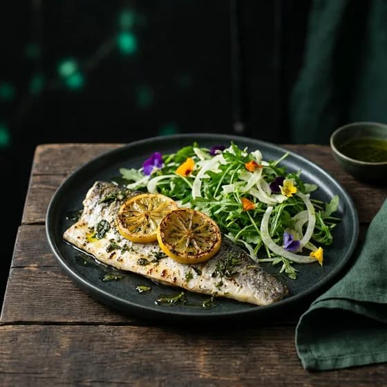 Summer dish — grilled sea bass with citrus and salad