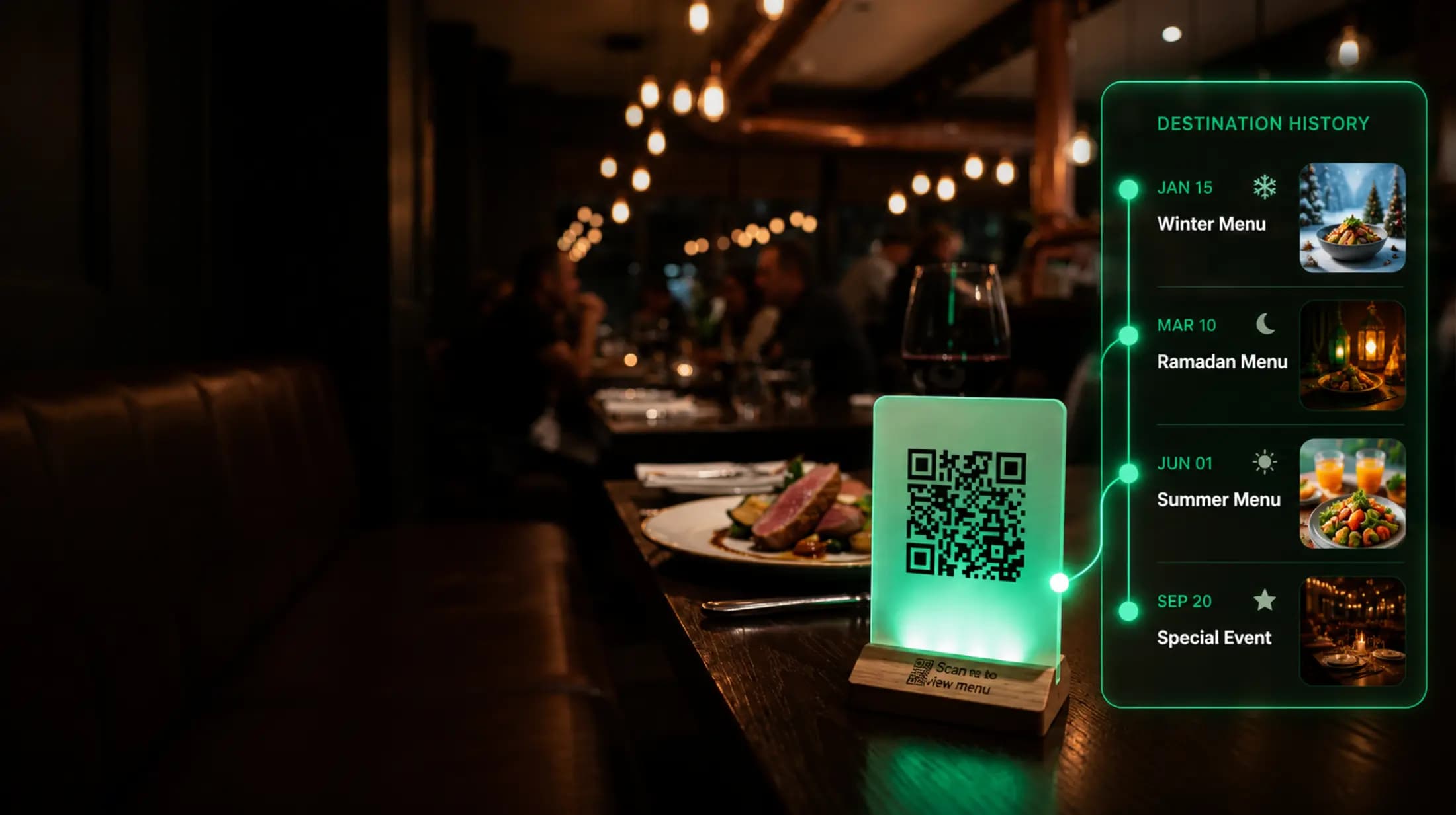 A glowing NQR QR standee on a restaurant table beside a plated dish and wine