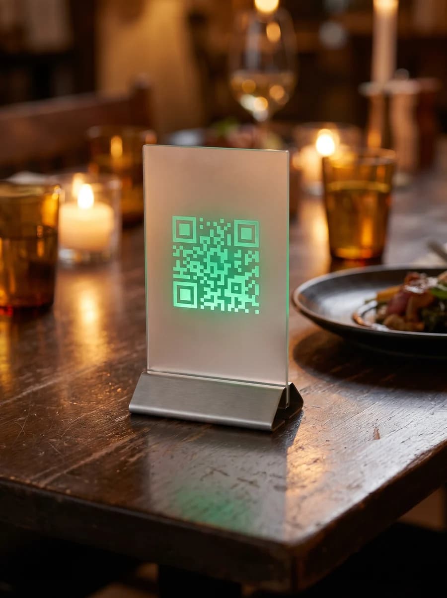 A frosted-acrylic tabletop standee with a glowing emerald QR code on a candlelit restaurant table