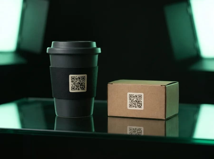 A coffee cup and packaging box printed with NQR QR codes